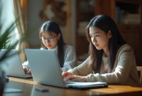 Sekolah Daring di Indonesia, Siswa belajar menggunakan laptop di rumah dengan suasana nyaman