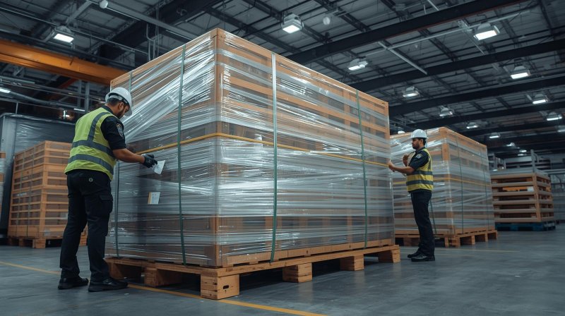 pekerja sedang membungkus mesin besar dengan bubble wrap dan stretch film sebelum pengiriman cargo