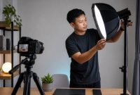 Kreator menata lampu untuk merekam konten di studio