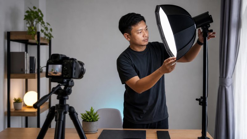 Kreator menata lampu untuk merekam konten di studio