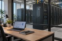 Ilustrasi meja kerja dengan laptop dan rak server di balik kaca untuk pembahasan hyperscale data center Telkom.