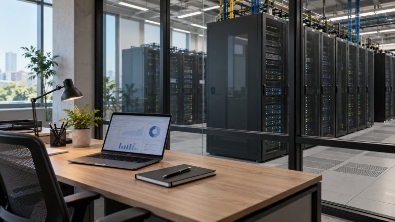 Ilustrasi meja kerja dengan laptop dan rak server di balik kaca untuk pembahasan hyperscale data center Telkom.